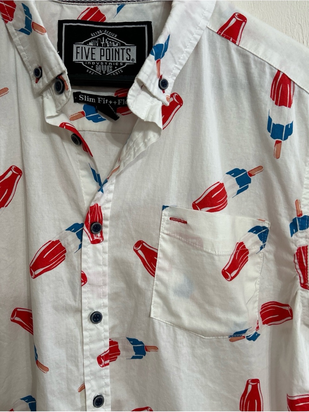 Five Points Youth Retro White Button-Down Shirt with Red & Blue Popsicle Med - Picture 2 of 10